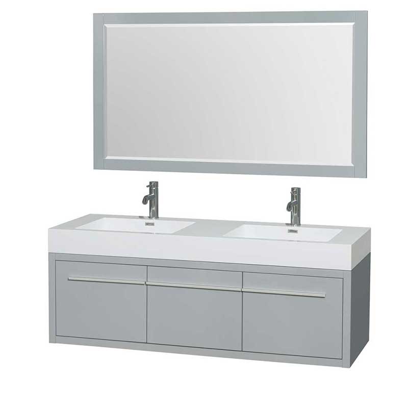 Axa 60" Double Bathroom Vanity in Dove Gray, Acrylic Resin Countertop, Integrated Sinks and 58" Mirror