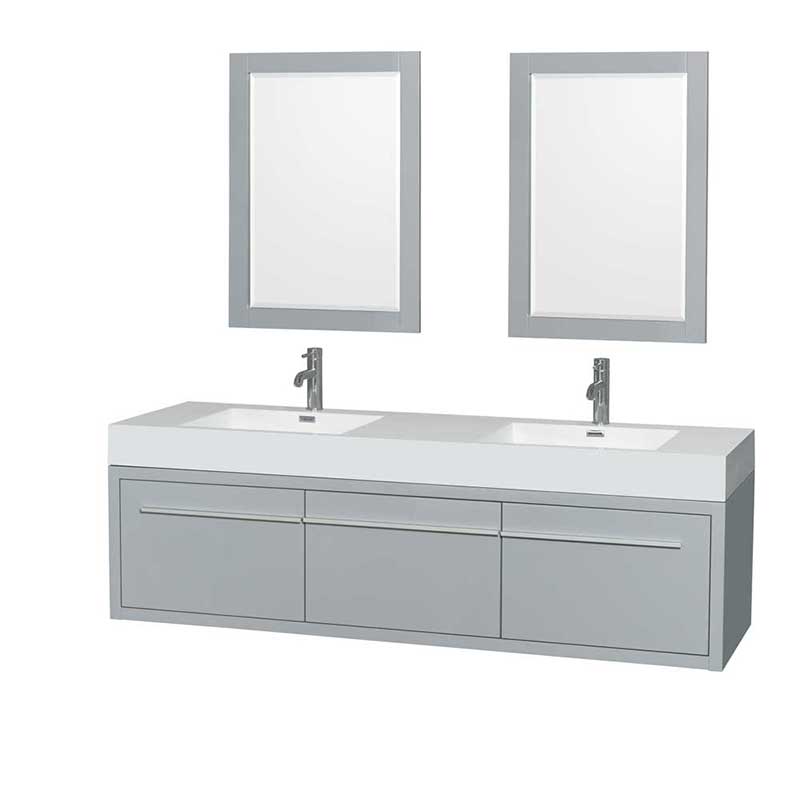 Axa 72" Double Bathroom Vanity in Dove Gray, Acrylic Resin Countertop, Integrated Sinks and 24" Mirrors