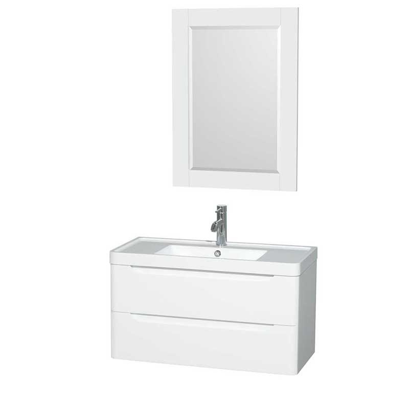 Wyndham Collection Murano 36 inch Single Bathroom Vanity in Glossy White, Acrylic-Resin Countertop, Integrated Sink, and 24 inch Mirror