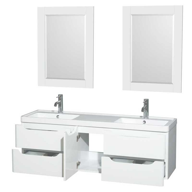 Wyndham Collection Murano 60 inch Double Bathroom Vanity in Glossy White, Acrylic-Resin Countertop, Integrated Sinks, and 24 inch Mirrors 2