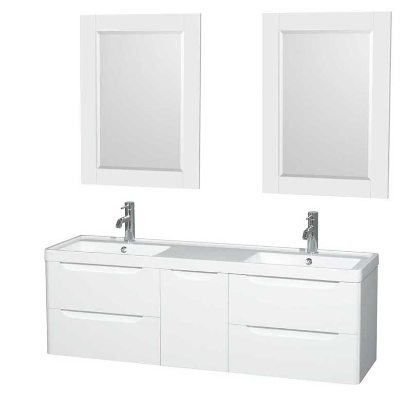 Wyndham Collection Murano 60 inch Double Bathroom Vanity in Glossy White, Acrylic-Resin Countertop, Integrated Sinks, and 24 inch Mirrors