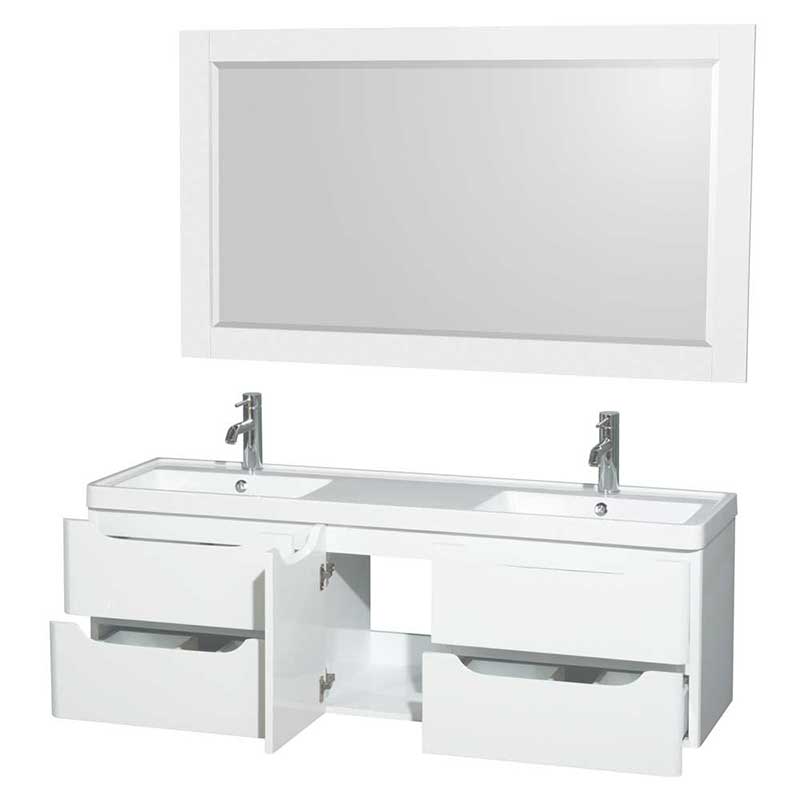 Wyndham Collection Murano 60 inch Double Bathroom Vanity in Glossy White, Acrylic-Resin Countertop, Integrated Sinks, and 58 inch Mirror 2