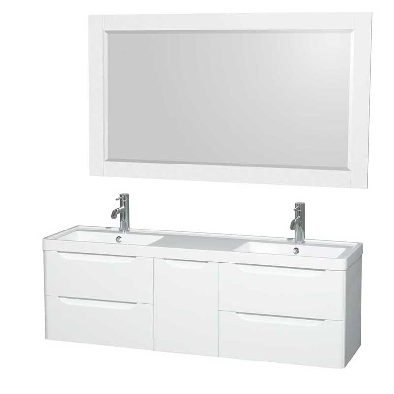 Wyndham Collection Murano 60 inch Double Bathroom Vanity in Glossy White, Acrylic-Resin Countertop, Integrated Sinks, and 58 inch Mirror