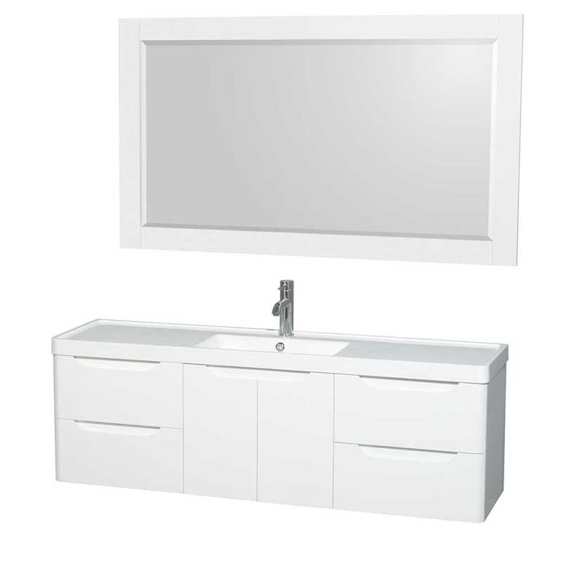Wyndham Collection Murano 60 inch Single Bathroom Vanity in Glossy White, Acrylic-Resin Countertop, Integrated Sink, and 58 inch Mirror