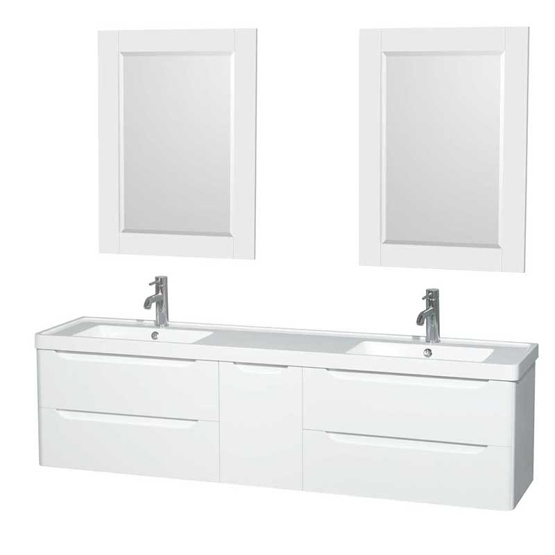 Wyndham Collection Murano 72 inch Double Bathroom Vanity in Glossy White, Acrylic-Resin Countertop, Integrated Sinks, and 24 inch Mirrors