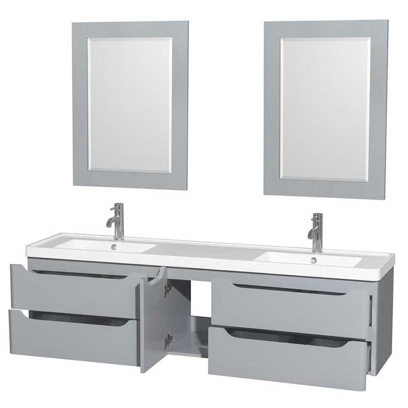 Wyndham Collection Murano 72 inch Double Bathroom Vanity in Gray, Acrylic-Resin Countertop, Integrated Sinks, and 24 inch Mirrors 2
