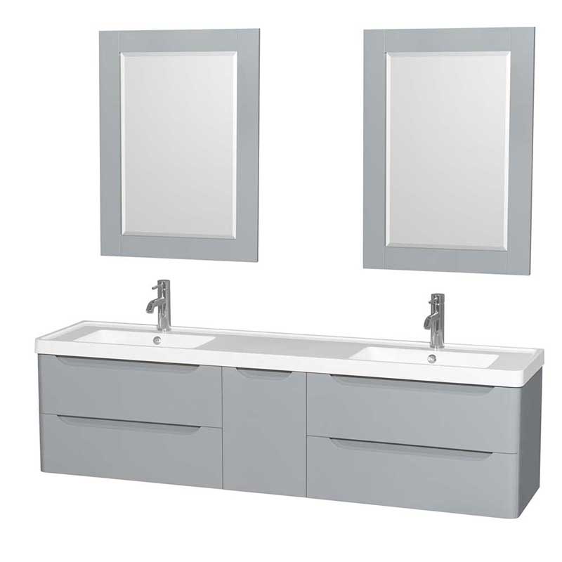 Wyndham Collection Murano 72 inch Double Bathroom Vanity in Gray, Acrylic-Resin Countertop, Integrated Sinks, and 24 inch Mirrors