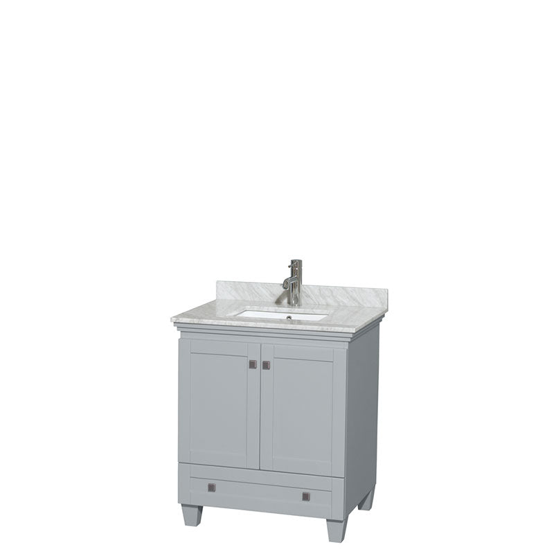 Acclaim 30" Single Bathroom Vanity in Oyster Gray, White Carrera Marble Countertop, Undermount Square Sink and No Mirror