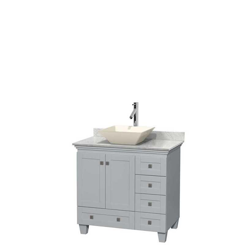 Acclaim 36" Single Bathroom Vanity in Oyster Gray, White Carrera Marble Countertop, Pyra Bone Porcelain Sink and No Mirror