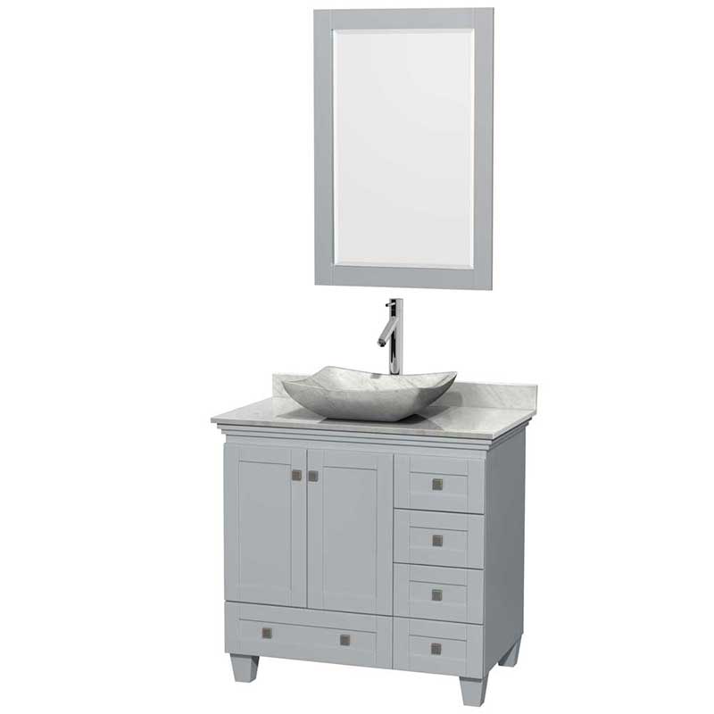 Acclaim 36" Single Bathroom Vanity in Oyster Gray, White Carrera Marble Countertop, Avalon White Carrera Marble Sink and 24" Mirror