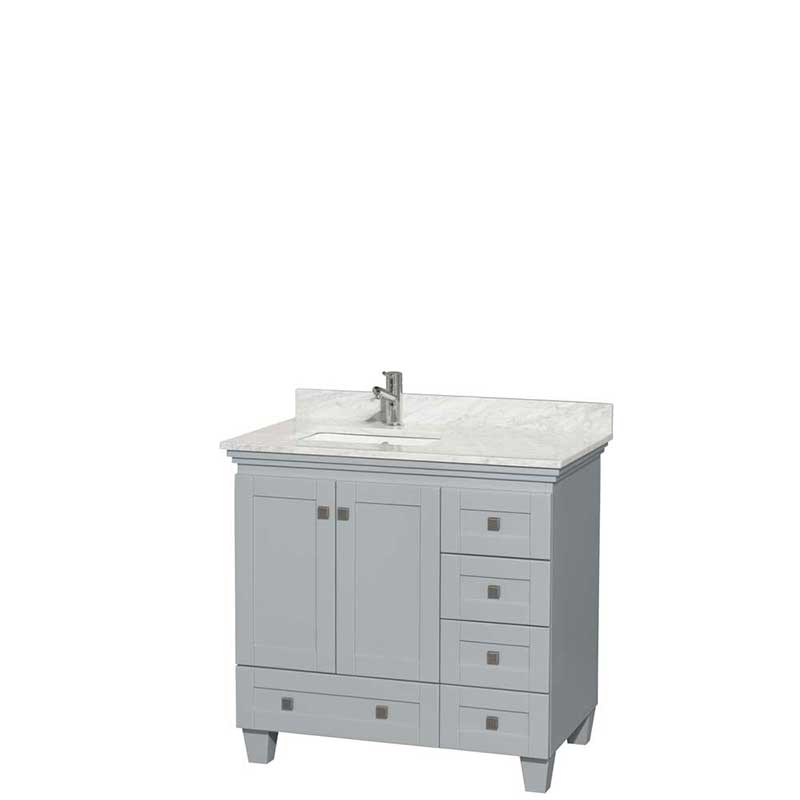 Acclaim 36" Single Bathroom Vanity in Oyster Gray, White Carrera Marble Countertop, Undermount Square Sink and No Mirror