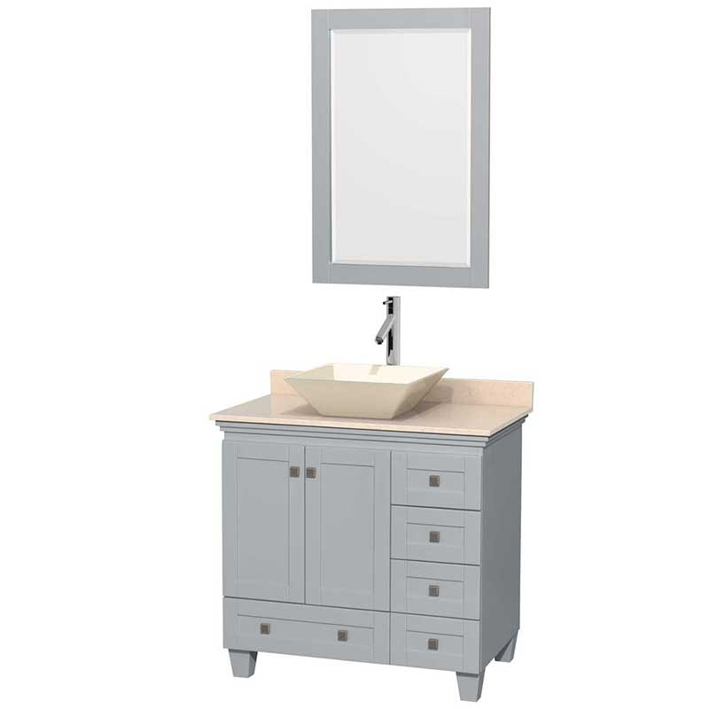Acclaim 36" Single Bathroom Vanity in Oyster Gray, Ivory Marble Countertop, Pyra Bone Porcelain Sink and 24" Mirror