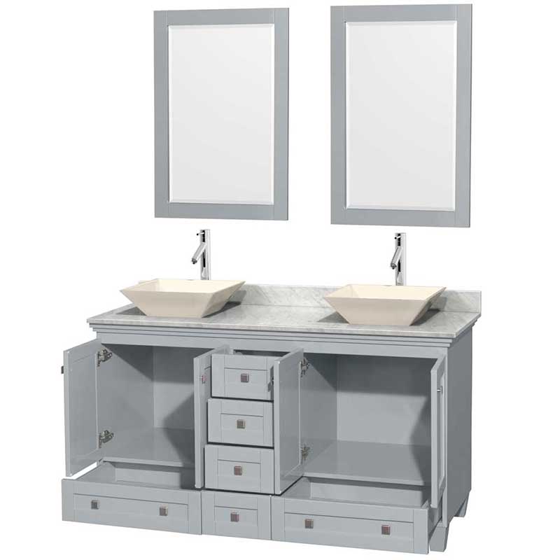 Acclaim 60" Double Bathroom Vanity in Oyster Gray, White Carrera Marble Countertop, Pyra Bone Porcelain Sinks and 24" Mirrors 2