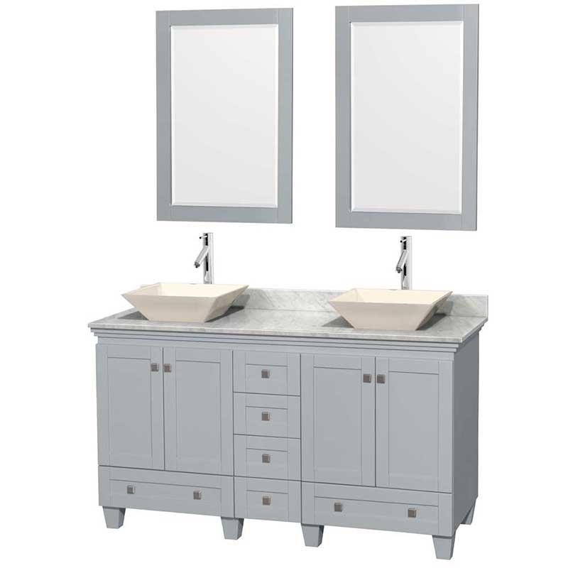 Acclaim 60" Double Bathroom Vanity in Oyster Gray, White Carrera Marble Countertop, Pyra Bone Porcelain Sinks and 24" Mirrors