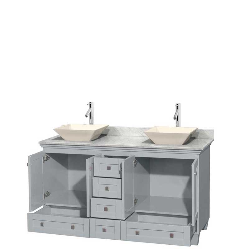 Acclaim 60" Double Bathroom Vanity in Oyster Gray, White Carrera Marble Countertop, Pyra Bone Porcelain Sinks and No Mirrors 2