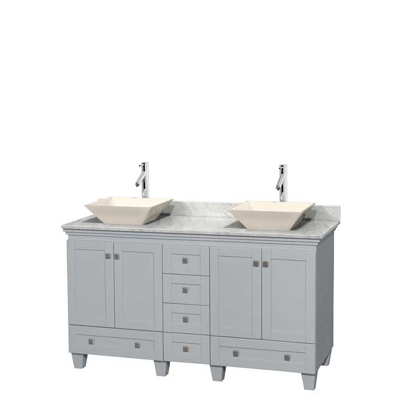 Acclaim 60" Double Bathroom Vanity in Oyster Gray, White Carrera Marble Countertop, Pyra Bone Porcelain Sinks and No Mirrors