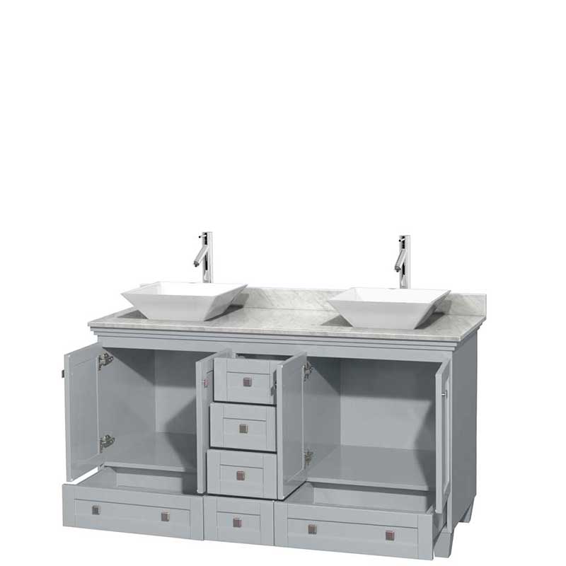 Acclaim 60" Double Bathroom Vanity in Oyster Gray, White Carrera Marble Countertop, Pyra White Porcelain Sinks and No Mirrors 2