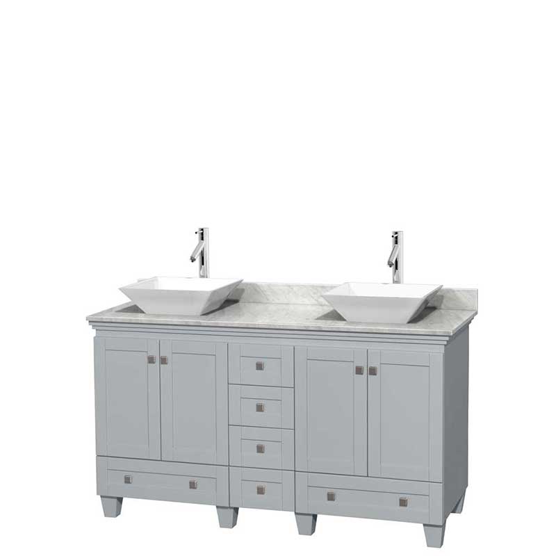 Acclaim 60" Double Bathroom Vanity in Oyster Gray, White Carrera Marble Countertop, Pyra White Porcelain Sinks and No Mirrors