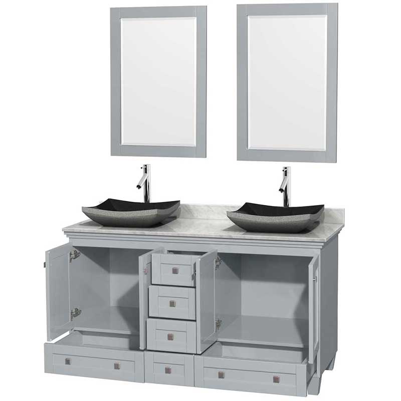 Acclaim 60" Double Bathroom Vanity in Oyster Gray, White Carrera Marble Countertop, Altair Black Granite Sinks and 24" Mirrors 2