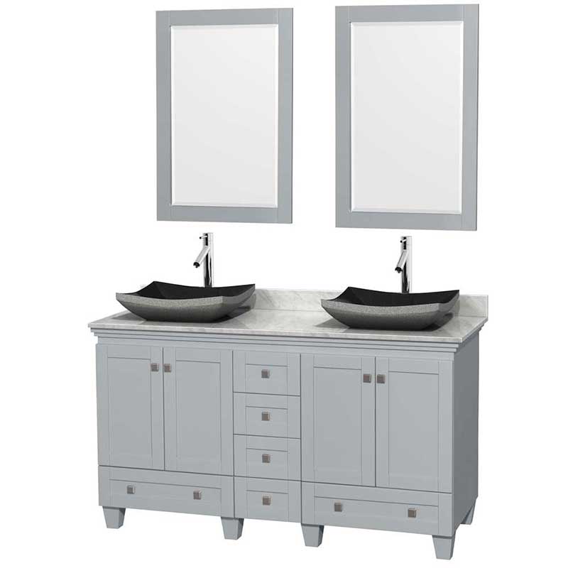 Acclaim 60" Double Bathroom Vanity in Oyster Gray, White Carrera Marble Countertop, Altair Black Granite Sinks and 24" Mirrors