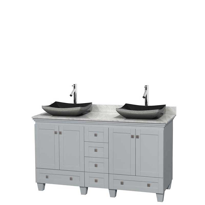 Acclaim 60" Double Bathroom Vanity in Oyster Gray, White Carrera Marble Countertop, Altair Black Granite Sinks and No Mirrors