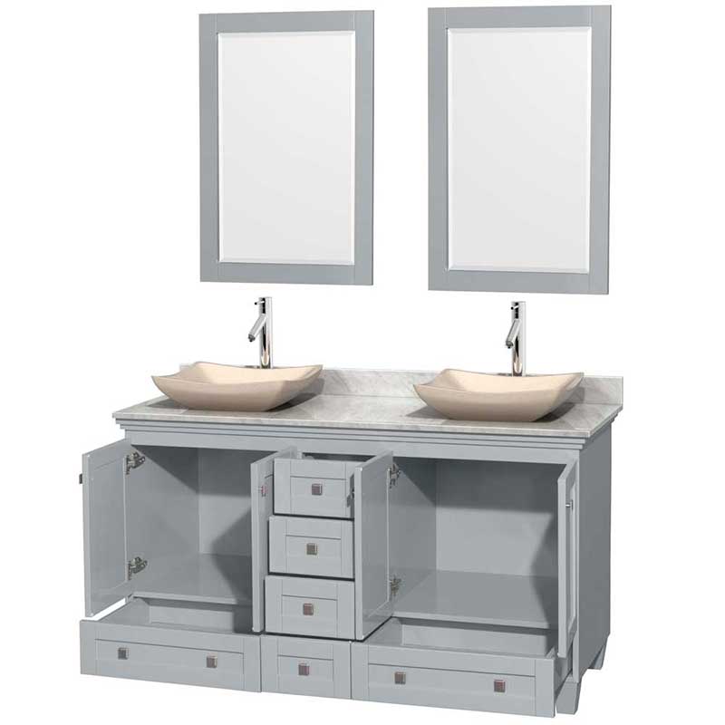 Acclaim 60" Double Bathroom Vanity in Oyster Gray, White Carrera Marble Countertop, Avalon Ivory Marble Sinks and 24" Mirrors 2