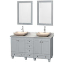 Acclaim 60" Double Bathroom Vanity in Oyster Gray, White Carrera Marble Countertop, Avalon Ivory Marble Sinks and 24" Mirrors