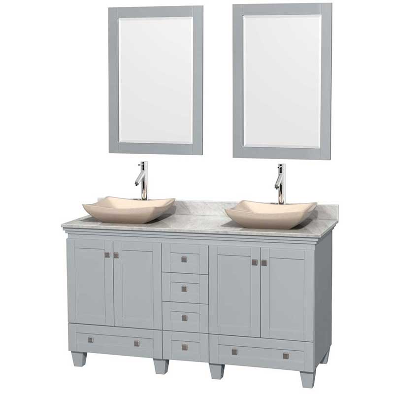 Acclaim 60" Double Bathroom Vanity in Oyster Gray, White Carrera Marble Countertop, Avalon Ivory Marble Sinks and 24" Mirrors