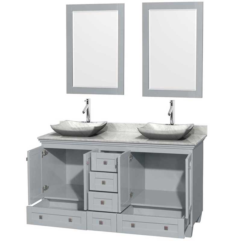 Acclaim 60" Double Bathroom Vanity in Oyster Gray, White Carrera Marble Countertop, Avalon White Carrera Marble Sinks and 24" Mirrors 2