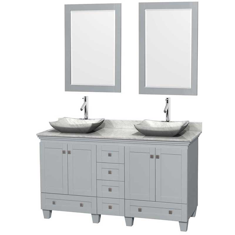 Acclaim 60" Double Bathroom Vanity in Oyster Gray, White Carrera Marble Countertop, Avalon White Carrera Marble Sinks and 24" Mirrors
