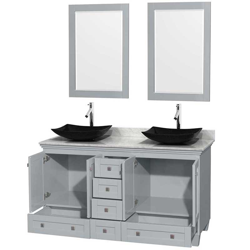 Acclaim 60" Double Bathroom Vanity in Oyster Gray, White Carrera Marble Countertop, Arista Black Granite Sinks and 24" Mirrors 2