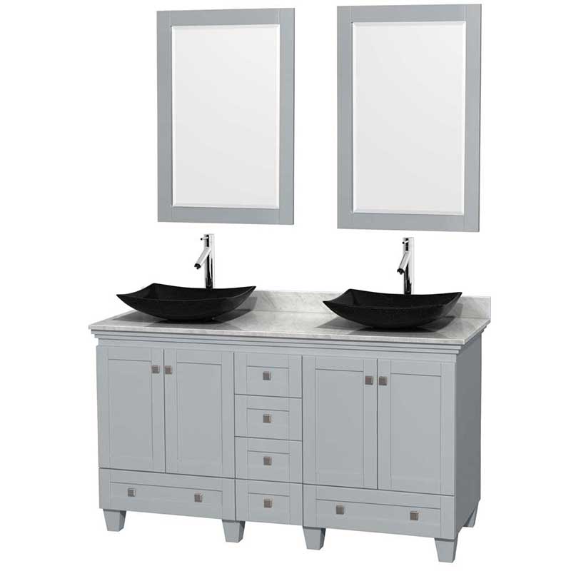 Acclaim 60" Double Bathroom Vanity in Oyster Gray, White Carrera Marble Countertop, Arista Black Granite Sinks and 24" Mirrors