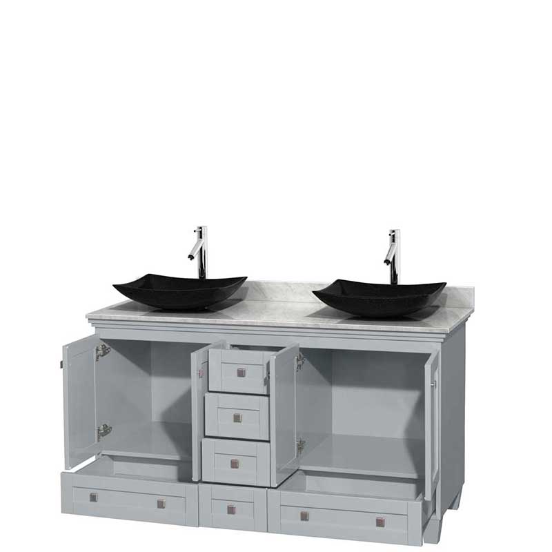 Acclaim 60" Double Bathroom Vanity in Oyster Gray, White Carrera Marble Countertop, Arista Black Granite Sinks and No Mirrors 2