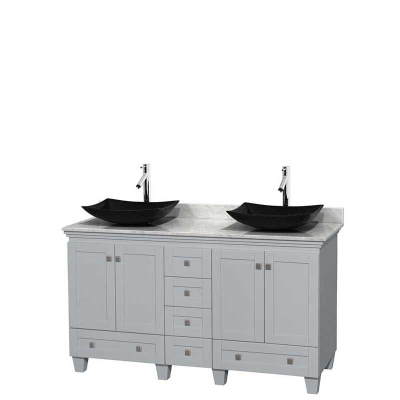 Acclaim 60" Double Bathroom Vanity in Oyster Gray, White Carrera Marble Countertop, Arista Black Granite Sinks and No Mirrors