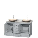 Acclaim 60" Double Bathroom Vanity in Oyster Gray, White Carrera Marble Countertop, Arista Ivory Marble Sinks and No Mirrors 2