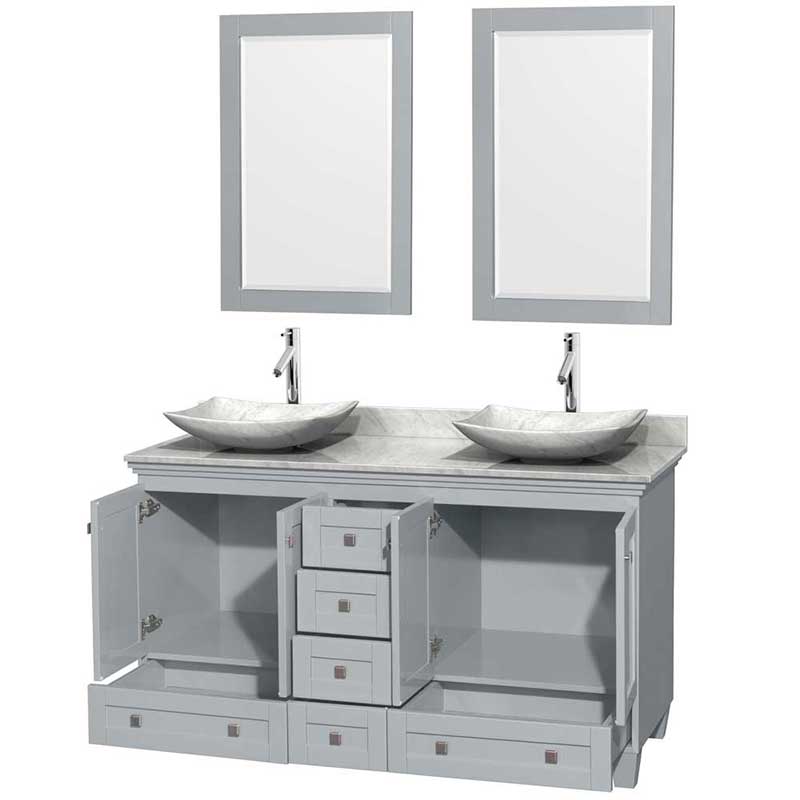 Acclaim 60" Double Bathroom Vanity in Oyster Gray, White Carrera Marble Countertop, Arista White Carrera Marble Sinks and 24" Mirrors 2