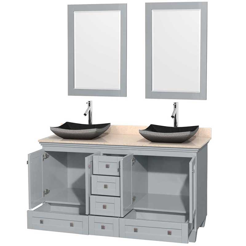 Acclaim 60" Double Bathroom Vanity in Oyster Gray, Ivory Marble Countertop, Altair Black Granite Sinks and 24" Mirrors 2