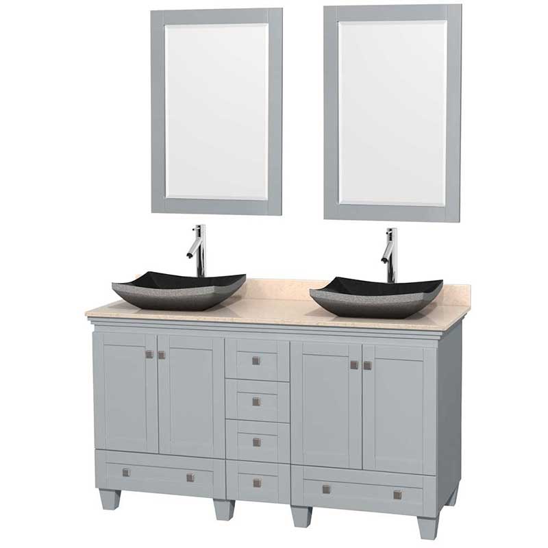 Acclaim 60" Double Bathroom Vanity in Oyster Gray, Ivory Marble Countertop, Altair Black Granite Sinks and 24" Mirrors