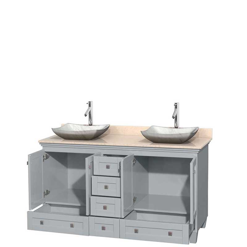 Acclaim 60" Double Bathroom Vanity in Oyster Gray, Ivory Marble Countertop, Avalon White Carrera Marble Sinks and No Mirrors 2