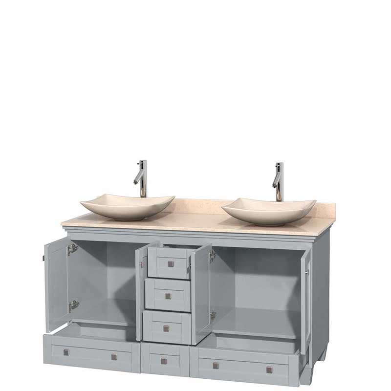 Acclaim 60" Double Bathroom Vanity in Oyster Gray, Ivory Marble Countertop, Arista Ivory Marble Sinks and No Mirrors 2