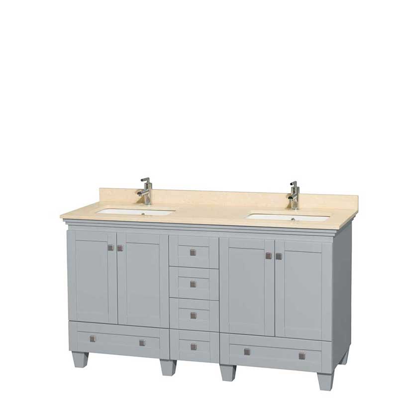 Acclaim 60" Double Bathroom Vanity in Oyster Gray, Ivory Marble Countertop, Undermount Square Sinks and No Mirrors