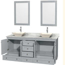 Acclaim 72" Double Bathroom Vanity in Oyster Gray, White Carrera Marble Countertop, Pyra Bone Porcelain Sinks and 24" Mirrors 2