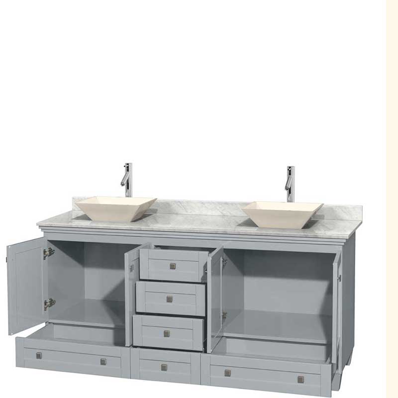 Acclaim 72" Double Bathroom Vanity in Oyster Gray, White Carrera Marble Countertop, Pyra Bone Porcelain Sinks and No Mirrors 2