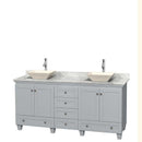 Acclaim 72" Double Bathroom Vanity in Oyster Gray, White Carrera Marble Countertop, Pyra Bone Porcelain Sinks and No Mirrors