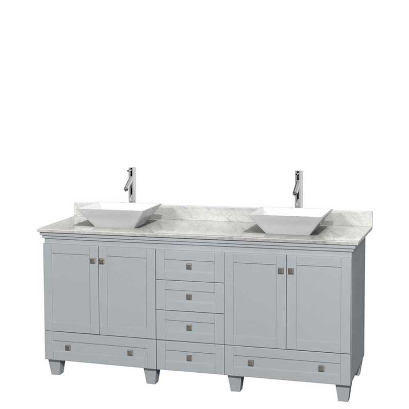 Acclaim 72" Double Bathroom Vanity in Oyster Gray, White Carrera Marble Countertop, Pyra White Porcelain Sinks and No Mirrors