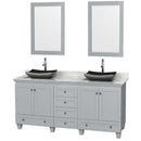 Acclaim 72" Double Bathroom Vanity in Oyster Gray, White Carrera Marble Countertop, Altair Black Granite Sinks and 24" Mirrors