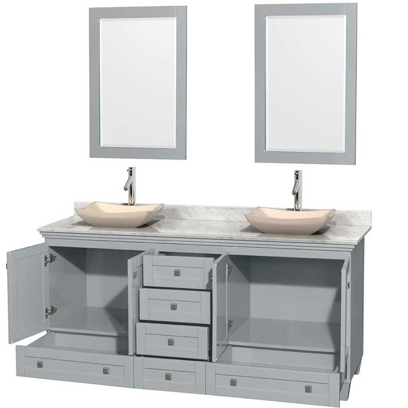 Acclaim 72" Double Bathroom Vanity in Oyster Gray, White Carrera Marble Countertop, Avalon Ivory Marble Sinks and 24" Mirrors 2