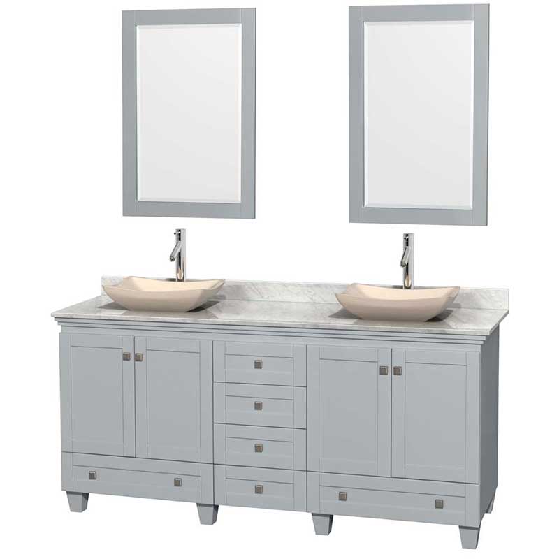 Acclaim 72" Double Bathroom Vanity in Oyster Gray, White Carrera Marble Countertop, Avalon Ivory Marble Sinks and 24" Mirrors