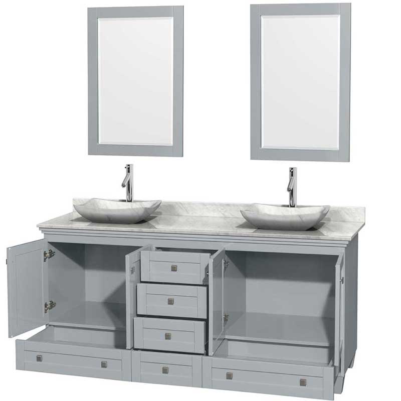 Acclaim 72" Double Bathroom Vanity in Oyster Gray, White Carrera Marble Countertop, Avalon White Carrera Marble Sinks and 24" Mirrors 2