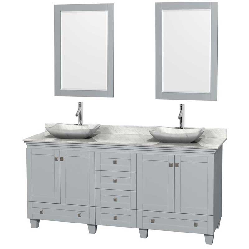Acclaim 72" Double Bathroom Vanity in Oyster Gray, White Carrera Marble Countertop, Avalon White Carrera Marble Sinks and 24" Mirrors